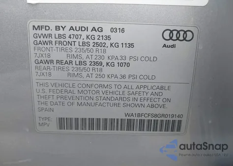 2016 Audi Q3 2.0T Premium Plus z USA, uszkodzony, nr VIN WA1BFCFS8GR019140